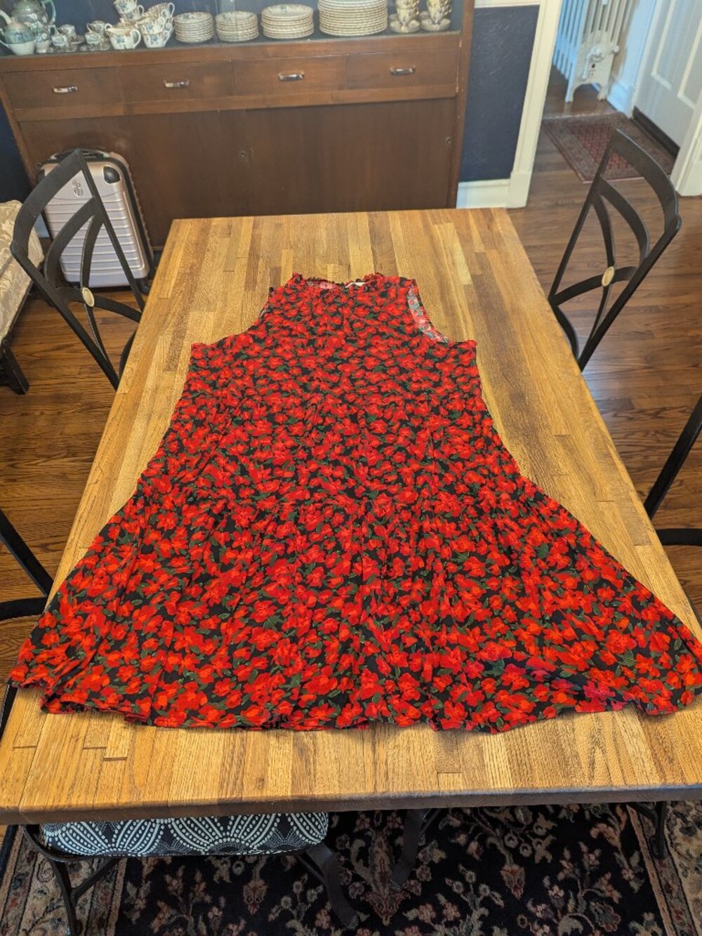 Sleeveless Red Rose Print Ruffled Collar Dress XXXL Button Back Closure